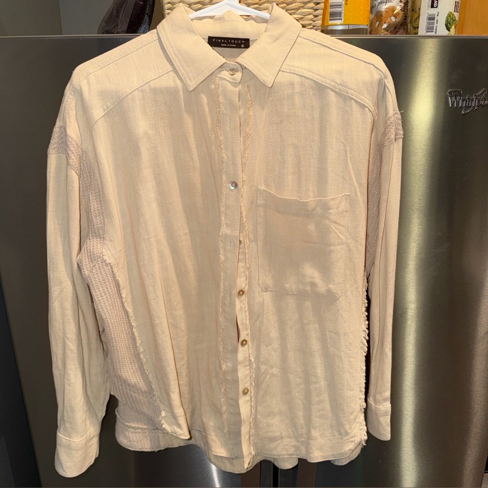 Tan Beige LINEN Waffle Knit Button SHIRT Women’s S, FT1184 Long Sleeved collared